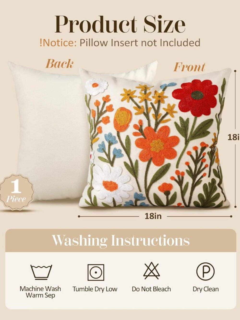 Embroidered Throw Pillow Cove Spring Summer Boho Decorative Pillow Cover - Picture 4 of 5